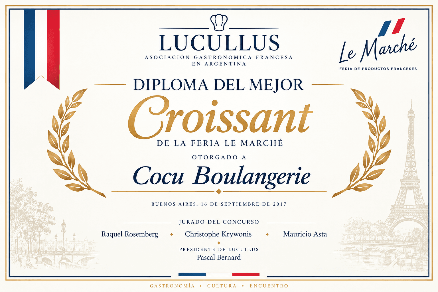 Diploma del Mejor Croissant de la Feria Le Marché otorgado a Cocu Boulangerie en 2017